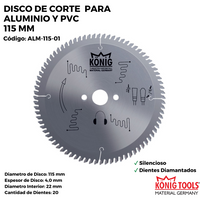 DISCO DE CORTE PARA ALUMINIO Y PVC 115 MM SILENCIOSO DIENTES DIAMANTADOS ALM-115-01 - Konig Tools España