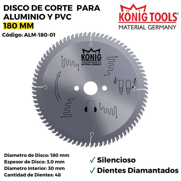 DISCO DE CORTE PARA ALUMINIO Y PVC 180 MM SILENCIOSO DIENTES DIAMANTADOS ALM-180-01 - Konig Tools España