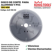 DISCO DE CORTE PARA ALUMINIO Y PVC 190 MM SILENCIOSO DIENTES DIAMANTADOS ALM-190-02 - Konig Tools España