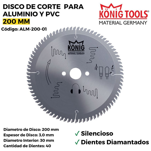 DISCO DE CORTE PARA ALUMINIO Y PVC 200 MM SILENCIOSO DIENTES DIAMANTADOS ALM-200-01 - Konig Tools España