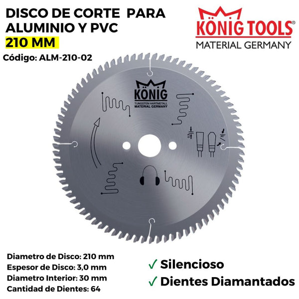 DISCO DE CORTE PARA ALUMINIO Y PVC 210 MM SILENCIOSO DIENTES DIAMANTADOS ALM-210-02 - Konig Tools España