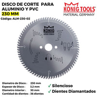 ALM-230-02 DISCO DE CORTE PARA ALUMINIO Y PVC 230 MM SILENCIOSO DIENTES DIAMANTADOS