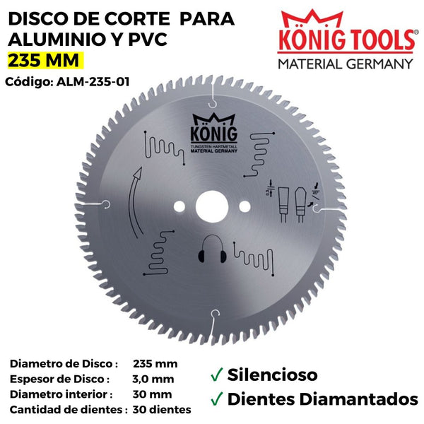 ALM-235-01 DISCO DE CORTE PARA ALUMINIO Y PVC 235 MM SILENCIOSO DIENTES DIAMANTADOS
