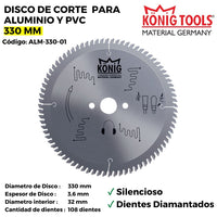ALM-330-01 DISCO DE CORTE PARA ALUMINIO Y PVC 330 MM SILENCIOSO DIENTES DIAMANTADOS