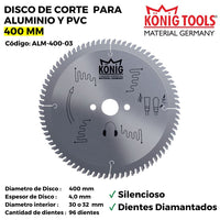ALM-400-03 DISCO DE CORTE PARA ALUMINIO Y PVC 400 MM SILENCIOSO DIENTES DIAMANTADOS
