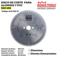 ALM-550-01 DISCO DE CORTE PARA ALUMINIO Y PVC 550 MM SILENCIOSO DIENTES DIAMANTADOS