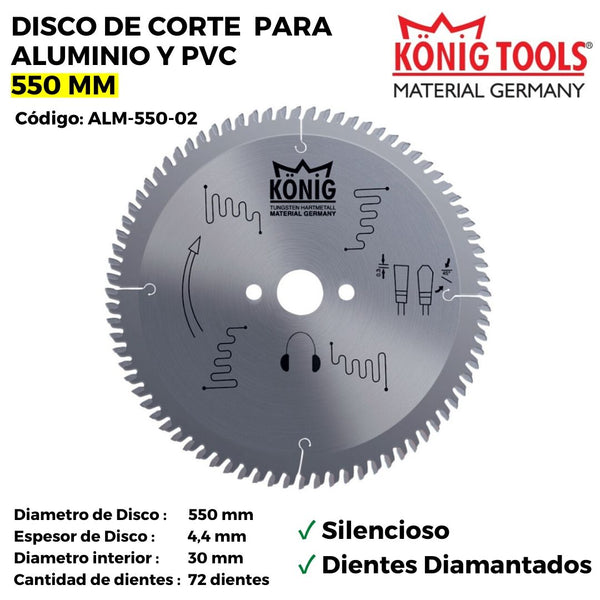 ALM-550-02 DISCO DE CORTE PARA ALUMINIO Y PVC 550 MM SILENCIOSO DIENTES DIAMANTADOS